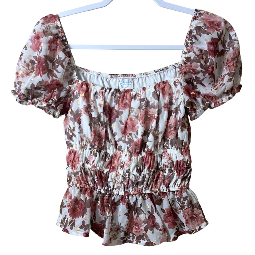 Blue Rain Francesca's Floral Smocked Peplum Top Small Cottagecore Coquette Pink